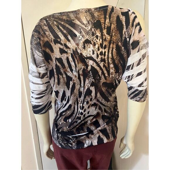 Cache Womens Medium Animal Print Top Black Tan Cold Shoulder 3/4 Sleeves Flowy - Picture 5 of 9